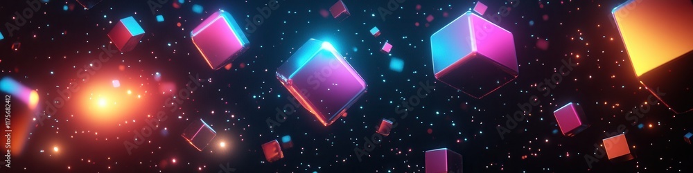 Poster neon glowing shapes in a dark realm, dynamic tech-inspired forms hover, radiating vibrant colors aga