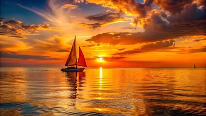 Fototapeta premium Sunset Sailboat with Vibrant Orange Sail and Sparkling Ocean Reflection
