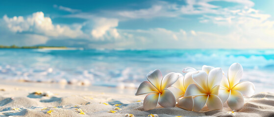 tranquil beach scene with white plumeria flowers resting on soft sand for tropical getaway promotions and serene lifestyle concepts