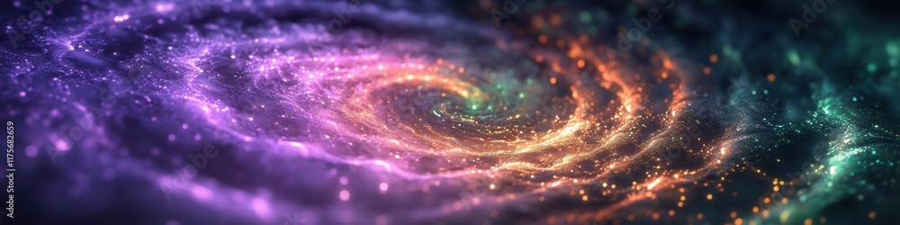 Poster tech spirals illuminated in purple and green, creating a mesmerizing floating effect, evoking a sens