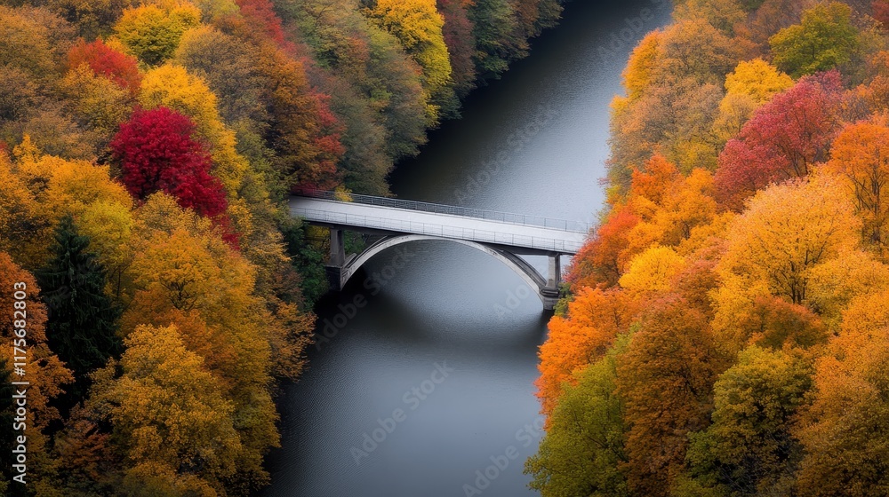 Poster scenic aerial view of a beautiful autumn landscape with a bridge surrounded by colorful trees and a 