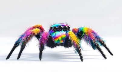 Rainbow-colored furry jumping spider on white background.