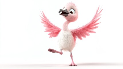 Cute cartoon flamingo chick dancing with wings outstretched on white background.