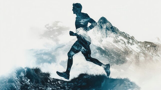 French male trail runner navigating remote mountain landscapes in an ink painting style with a striking double exposure effect.