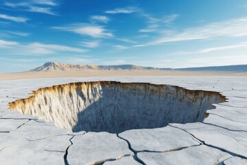 Dormant volcano with cracked caldera in arid desert landscape showcasing realistic geological features under clear blue sky