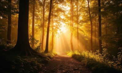 Enchanting sunlit forest pathway