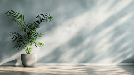 Fototapeta premium Minimal tropical plant in a neutral pot with soft sunlight and shadows for natural interior decor and serene design concepts