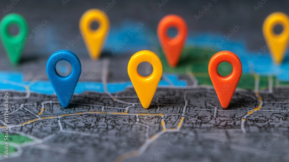 Poster modern design customer journey map with colorful location markers on dark background
