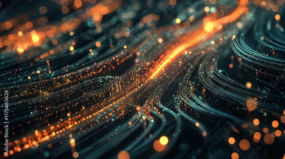 Poster abstract flowing light with bright particles creating a dynamic digital landscape art