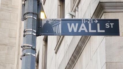 New York City United States. Lower Manhattan Downtown Financial District urban architecture. American Wall street road sign near Stock Exchange building, USA Stock Market.