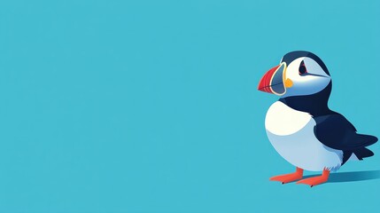 Fototapeta premium Cute puffin bird illustration on blue background.