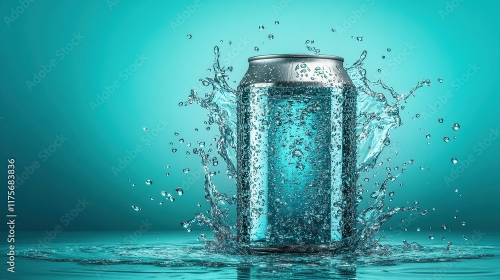 Poster a sparkling water can with droplets and splashes dynamically arranged on a vibrant teal background.