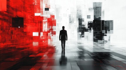 Man wandering through a void filled with floating website pages, vibrant vector art in red, white, and black creating a surreal atmosphere