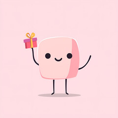 Obraz premium Cute cartoon character marshmallow holding a gift, joyful expression, pastel pink background, copy space