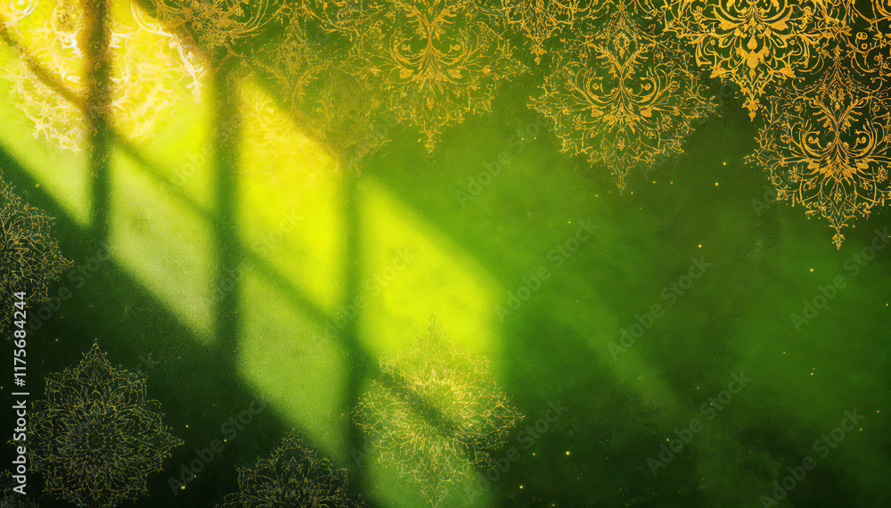 Wall mural a lush green background with a golden floral pattern overlay, creating a vibrant and textured effect