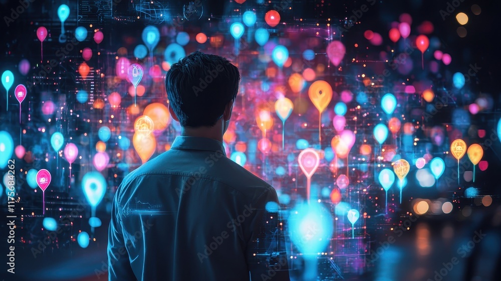 Poster man observing digital map with colorful location pins and data visualization in futuristic environme