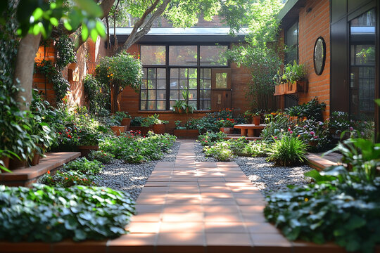 Serene Courtyard Garden Brick Building Peaceful Oasis