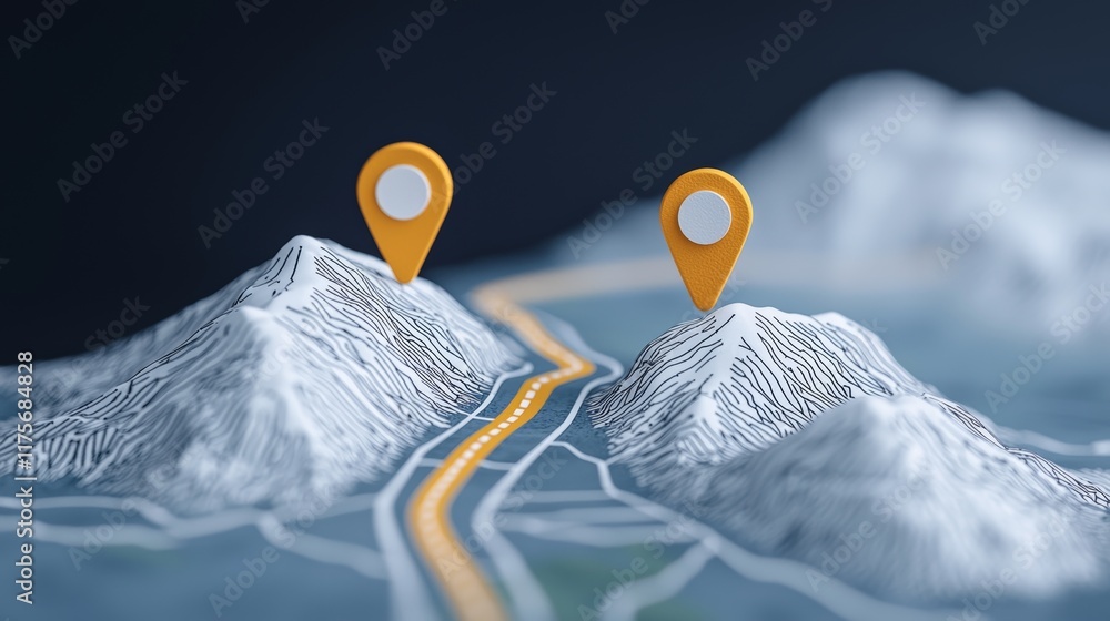 Aufkleber roadmap and navigation concept in 3d style with mountain peaks and location pins