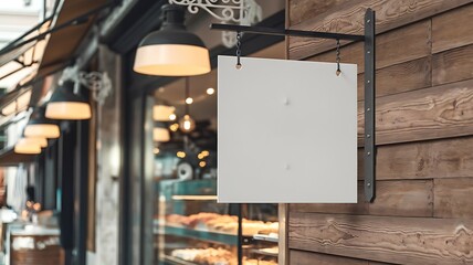 Modern Storefront Mockup with Blank Square Hanging Sign on Rustic Wooden Wall, Cozy Street Background