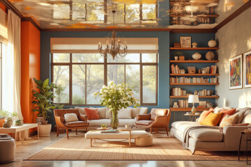 Fototapeta premium A photo of modern livingroom interior design: A living room filled with furniture and a large window.