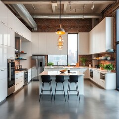 kitchen interior design. urban style kitchen interior design. with hanging lights and exposed brick walls. Architecture interior. Urban interior. urban style.