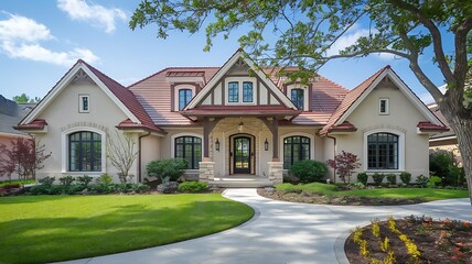 Charming Suburban Home with Red Shingle Roof and Stone-Stucco Exterior Surrounded by Vibrant Landscaping