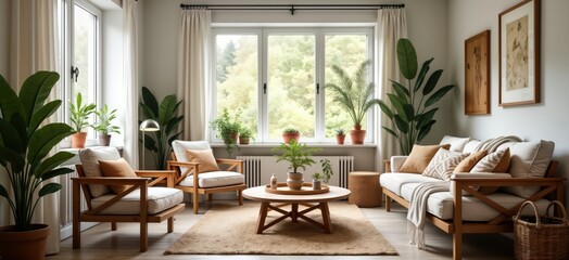Obraz premium Cosy living room design with farmhouse style. Wooden furniture, decor create warm ambiance. Natural light streams through large windows. Plants add freshness. Stylish, comfortable interior design