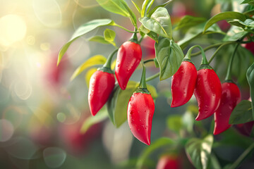 Bunch of red peppers hanging from a plant