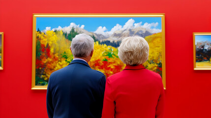 Engaged couple admires vibrant autumn scenes in a lively art gallery