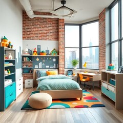 interior design children's room. urban style children's room interior design. with exposed brick walls. Wooden floors and carpet. Bed. City view. Architecture interior. Urban interior. urban style.