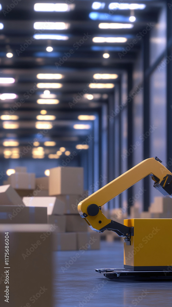Poster a fully automated packaging system wrapping products and stacking boxes in a brightly lit warehouse.