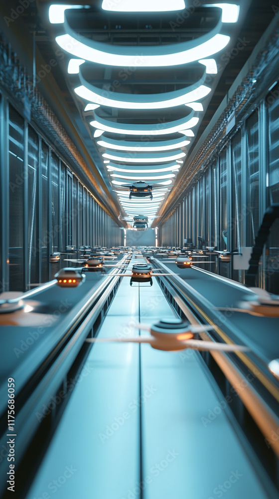 Poster a futuristic factory with automated drones transporting materials between conveyor belts.