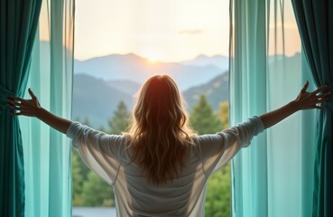 Obraz premium Woman opens curtains in bedroom at sunrise. Looks at mountain view. Relaxing moment in home. Peaceful morning scene. Early day activity in accommodation. Enjoy nature view from window. Morning light