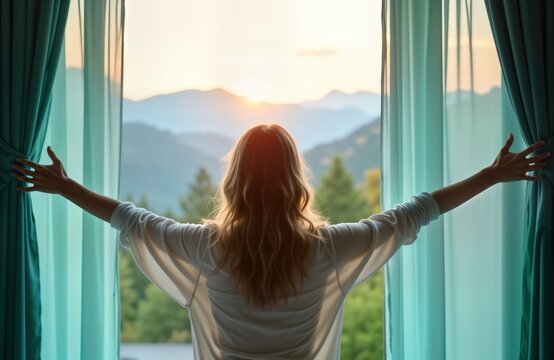 Fototapeta Woman opens curtains in bedroom at sunrise. Looks at mountain view. Relaxing moment in home. Peaceful morning scene. Early day activity in accommodation. Enjoy nature view from window. Morning light