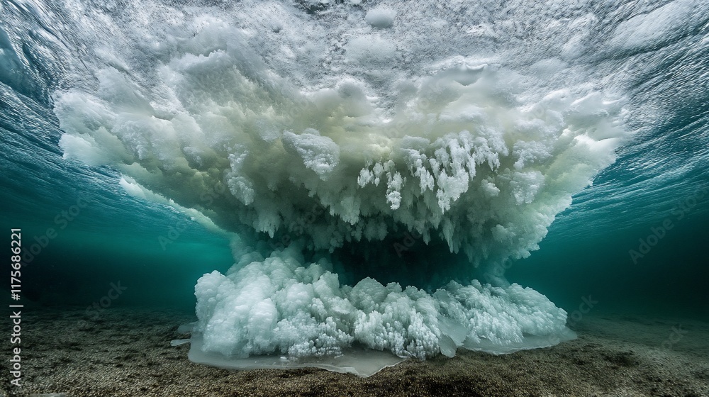Aufkleber underwater view of a powerful wave creating a dramatic plume of foam and bubbles.