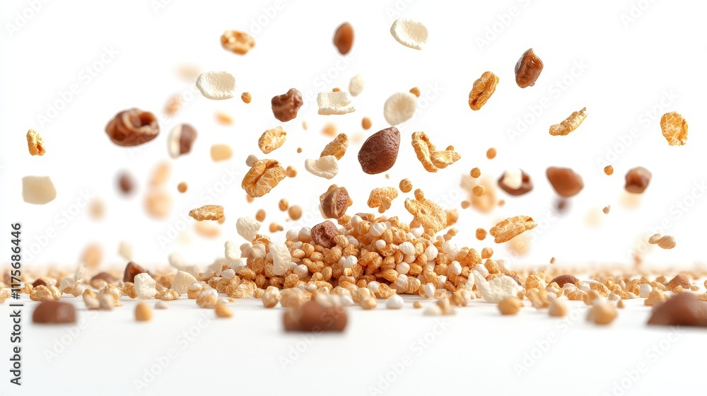 Poster dynamic composition of floating grain particles with various textures and colors against a clean whi