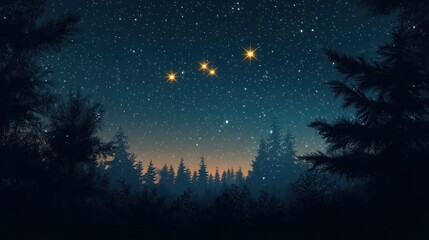 Naklejka premium Enchanting starry night sky with glittering stars shining over a serene tranquil forest landscape featuring silhouetted trees against the dark mysterious backdrop A captivating