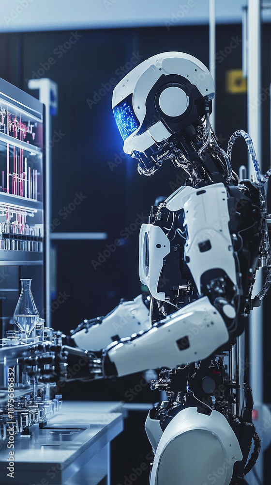 Poster a humanoid robot assisting a scientist in a laboratory analyzing chemical reactions on a holographic