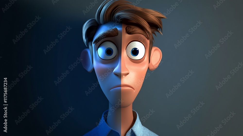 Poster a split-faced animated character expressing contrasting emotions.