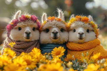 Fototapeta premium three vibrant playful alpacas frolicking in a lush green meadow adorned with colorful accessories encapsulating a joyful and lighthearted atmosphere surrounded by wildflowers and sunshine