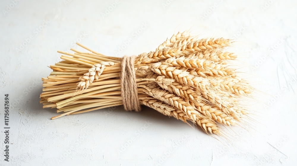 Poster bundle of wheat stalks tied with twine placed neatly on matte white surface with soft lighting