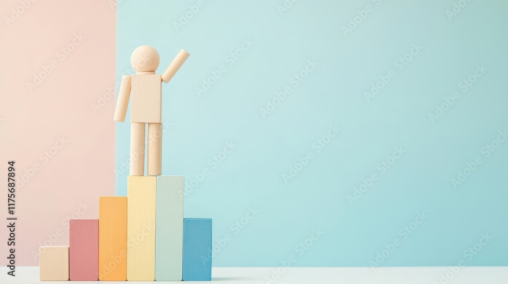 Poster wooden figure standing on colorful blocks representing growth and achievement in a minimalistic sett