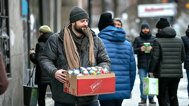 The volunteer stands at the entrance of a shelter, holding a donation box packed with neatly folded clothes and cans, while grateful individuals gather nearby.