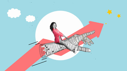 Concept of financial growth. Art collage. Launch of a red Arrow as robot cyber hand a smiling business woman. Properly mastering and using modern artificial intelligence. © Igor Link