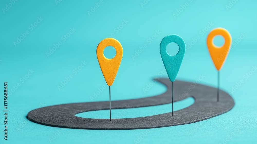 Poster flat design roadmap with customer markers on turquoise background for visual planning