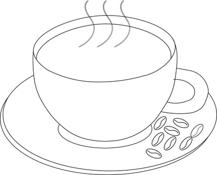 recommend clip art: the line art illustration of a cup of coffee with coffee bean placed beside the cup.