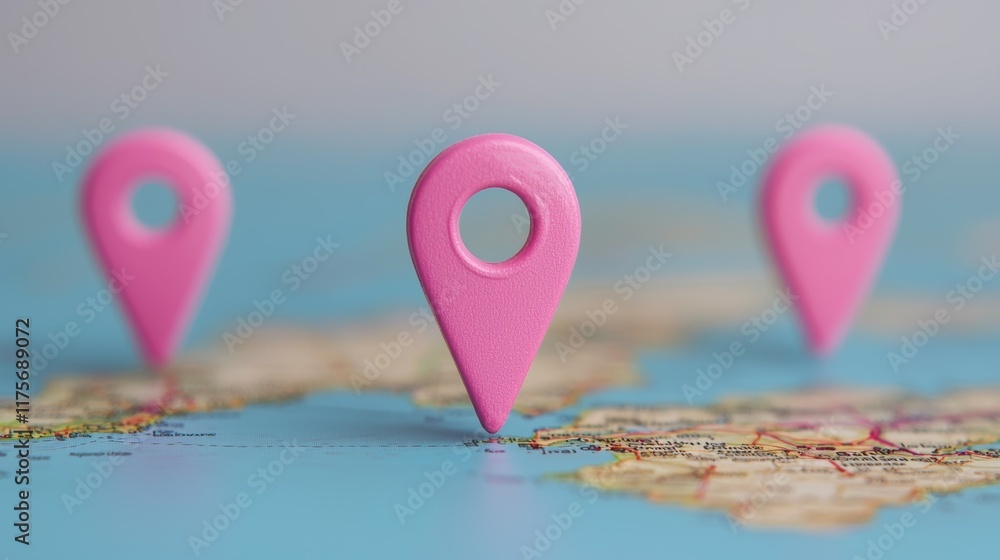 Poster pink location pins on a map with cloud background for customer themed design concepts