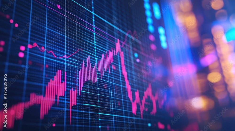 Poster abstract financial data visualization with glowing graph lines against a vibrant digital backdrop