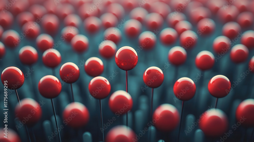 Poster abstract arrangement of red pins on a dark background creating a visual depth with a unique focus po