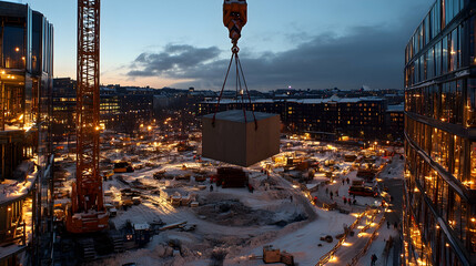 Crane lifting a large concrete block at a city construction site at dusk in winter.